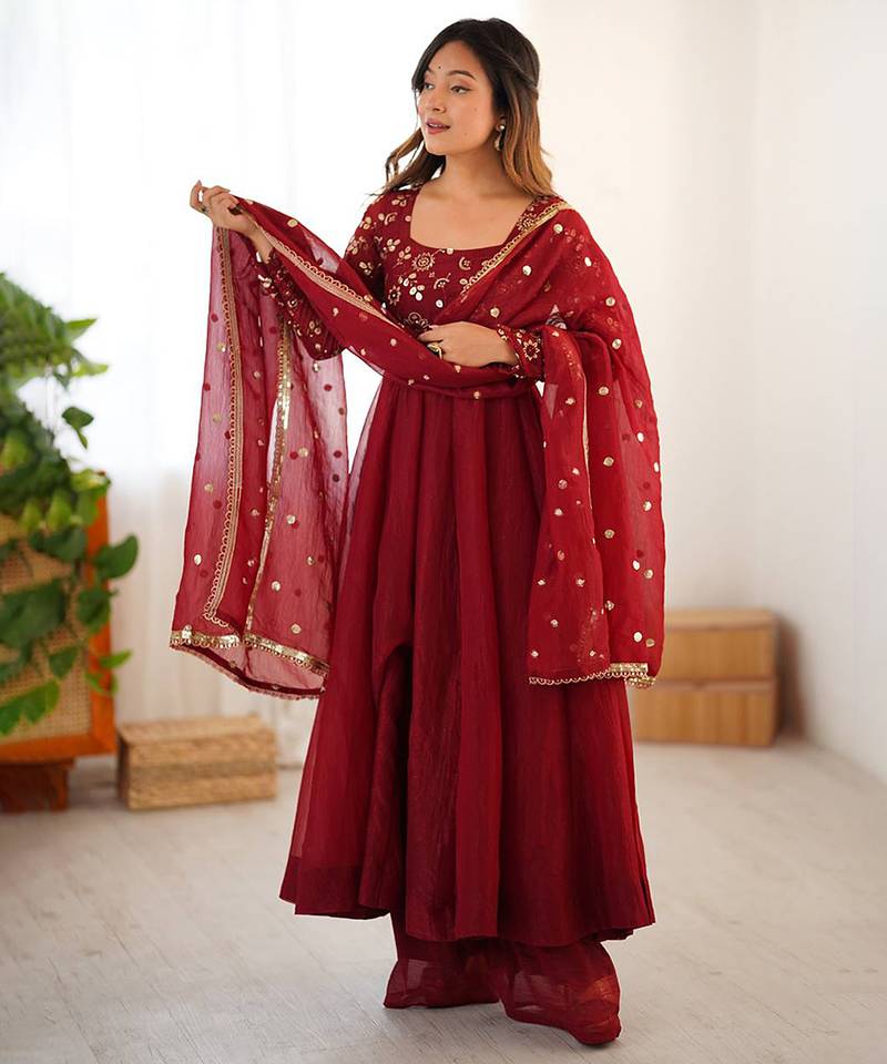 Deep red silk blend anarkali set