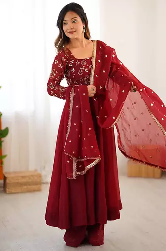 Deep red silk blend anarkali set