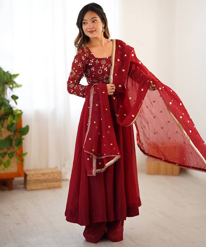 Deep red silk blend anarkali set