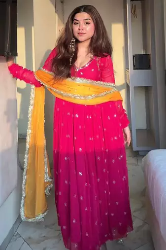 Georgette pink embroidered ethnic suit