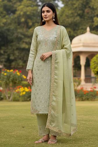 silk blend sage green embroidered salwar set
