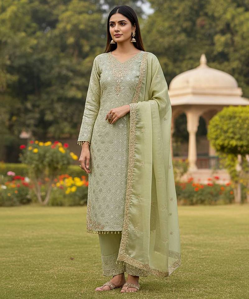 silk blend sage green embroidered salwar set