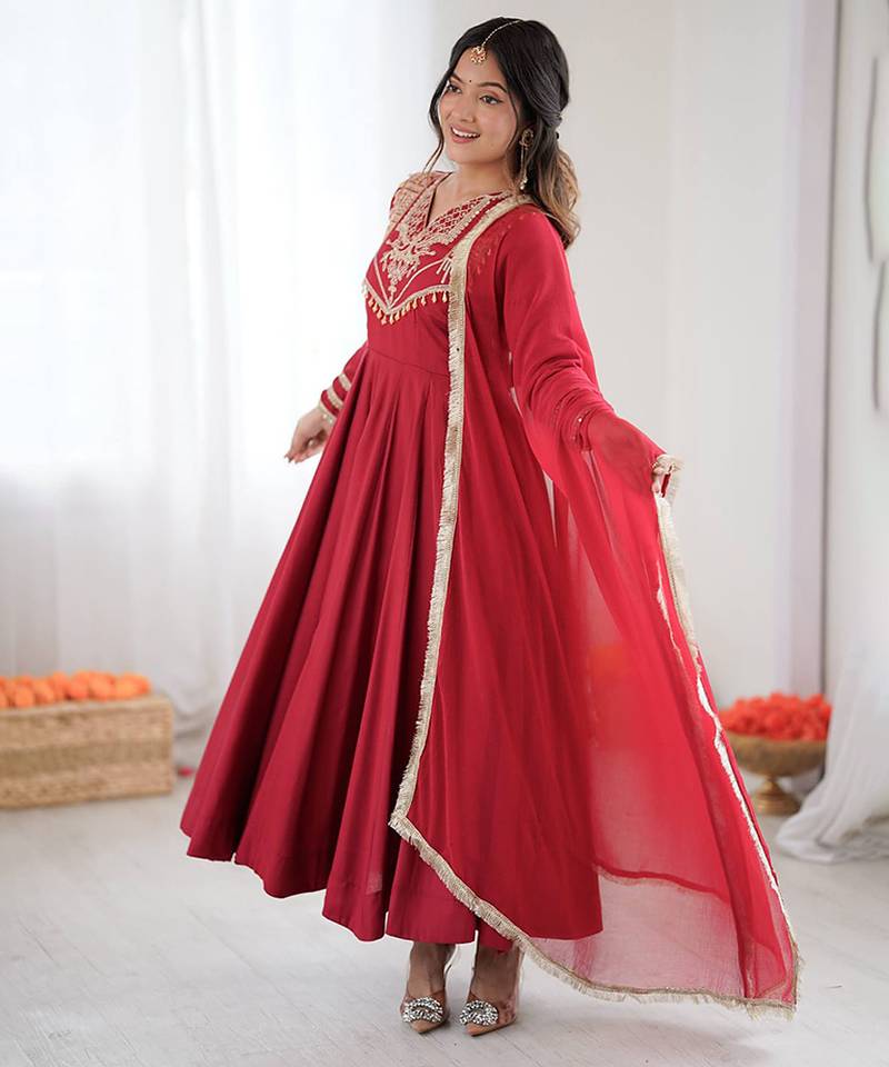 Silk blend red embroidered anarkali set