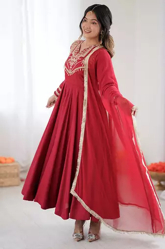 Silk blend red embroidered anarkali set
