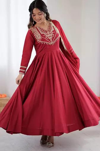 Silk blend red embroidered anarkali set