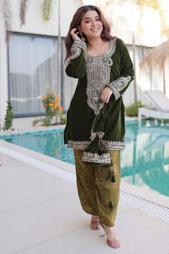 Olive green velvet embroidered kurta set for women