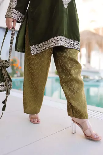 Olive green velvet embroidered kurta set for women