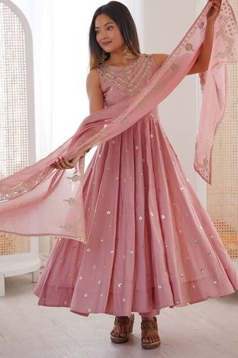 Roman silk dusty rose anarkali gown