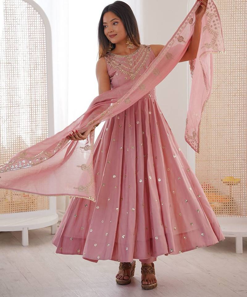 Roman silk dusty rose anarkali gown