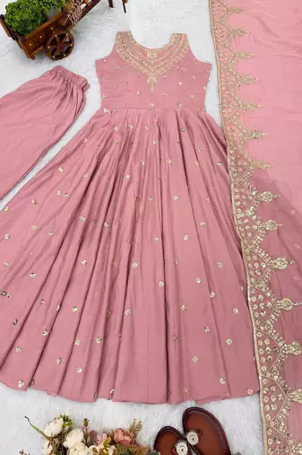 Roman silk dusty rose anarkali gown
