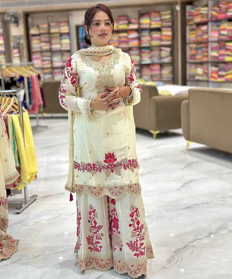 Off-white embroidered tissue silk kurta palazzo set
