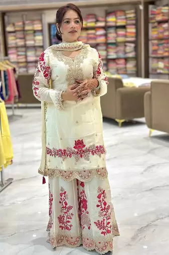 Off-white embroidered tissue silk kurta palazzo set