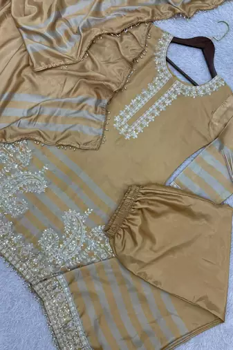 Chinon silk champagne gold striped palazzo suit