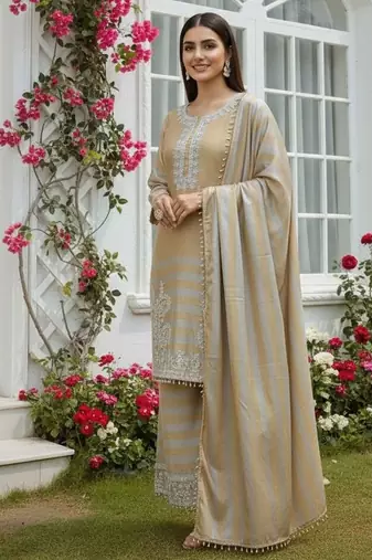 Chinon silk champagne gold striped palazzo suit