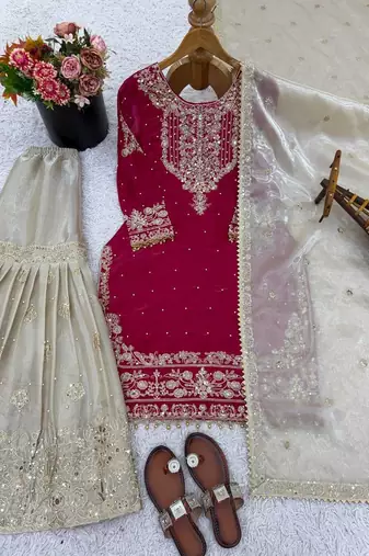 pink organza blend embroidered salwar suit