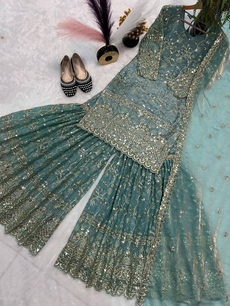 Crushi silk pastel green sharara set