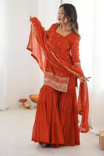 burnt orange sequins work ruffle sharara set