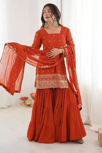 burnt orange sequins work ruffle sharara set