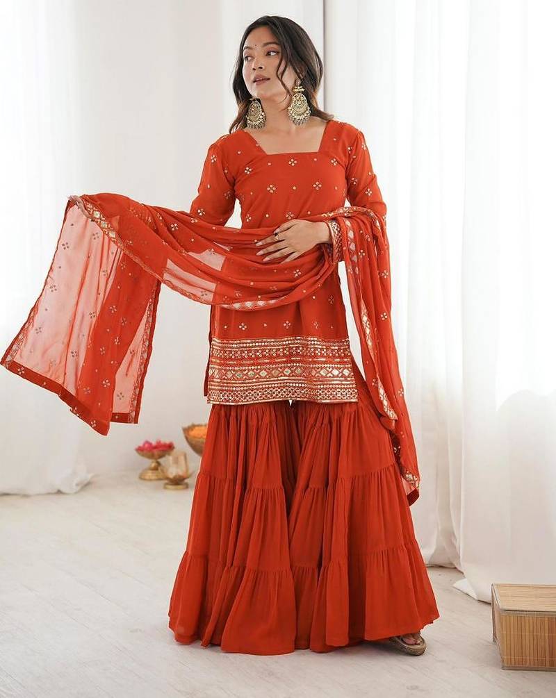 burnt orange sequins work ruffle sharara set