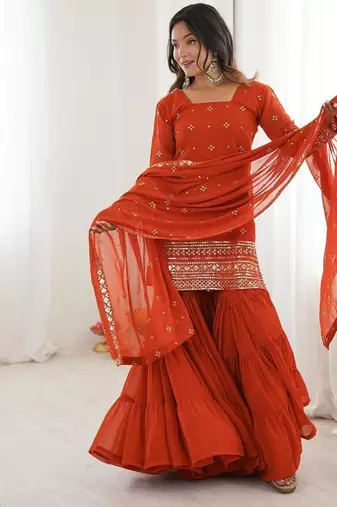 burnt orange sequins work ruffle sharara set