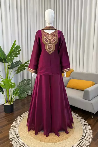 deep maroon silk blend embroidered ethnic set