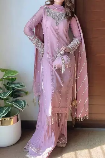 Georgette pink pearl-embellished salwar suit