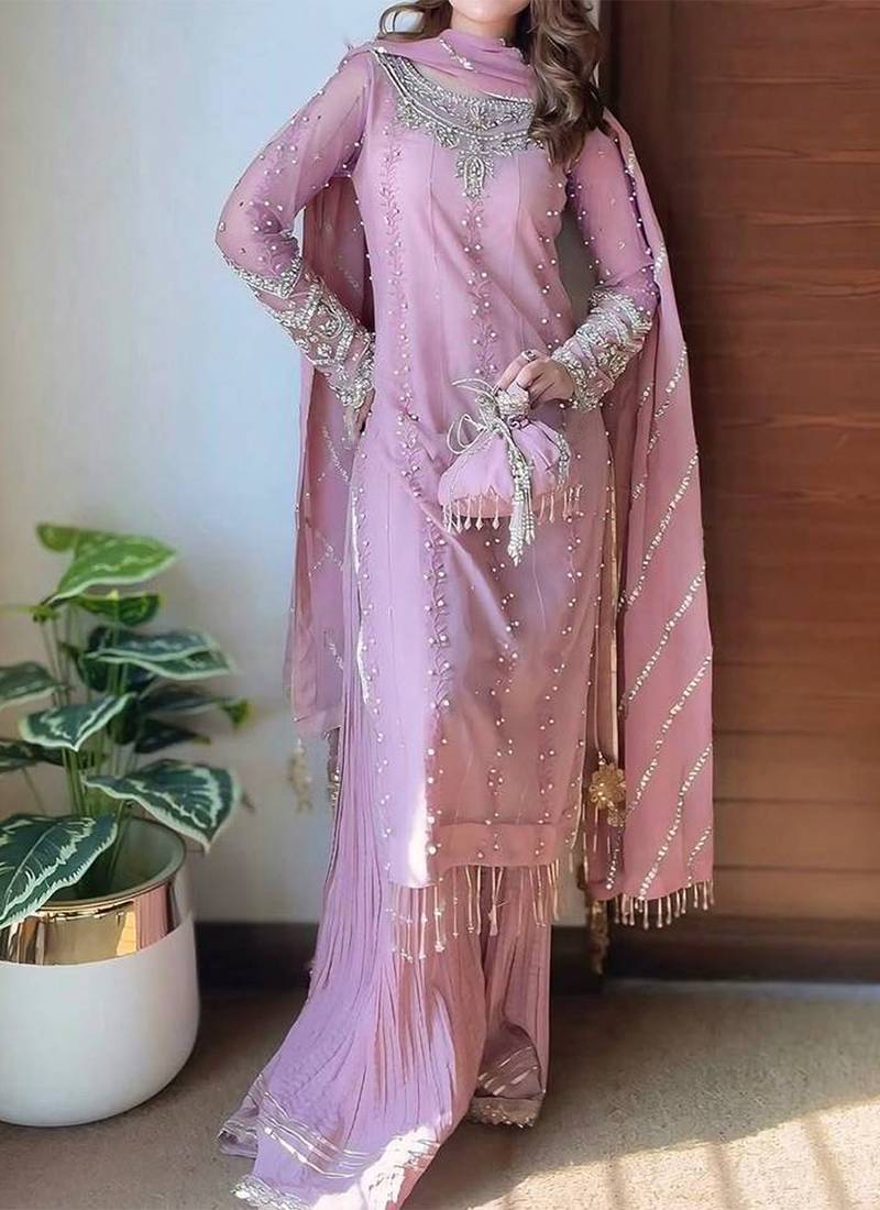 Georgette pink pearl-embellished salwar suit