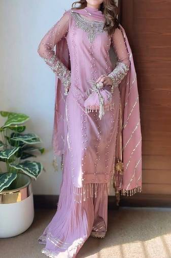 Georgette pink pearl-embellished salwar suit