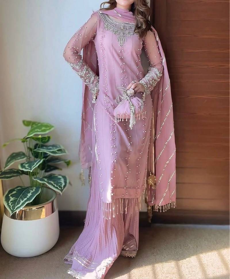 Georgette pink pearl-embellished salwar suit