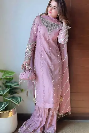 Georgette pink pearl-embellished salwar suit