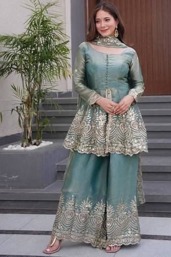 pastel green organza blend sequins work palazzo set