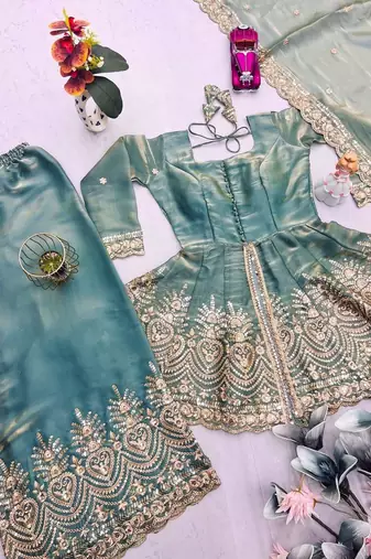 pastel green organza blend sequins work palazzo set