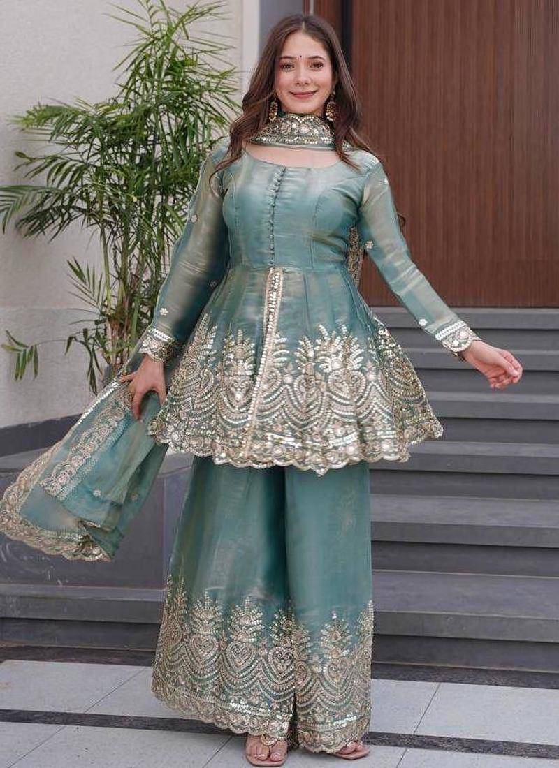 Fandy silk pastel green sequins work palazzo set