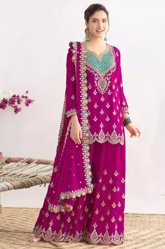 Magenta silk blend heavily detailed sharara set