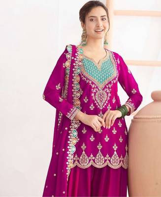 Magenta silk blend heavily detailed sharara set 4