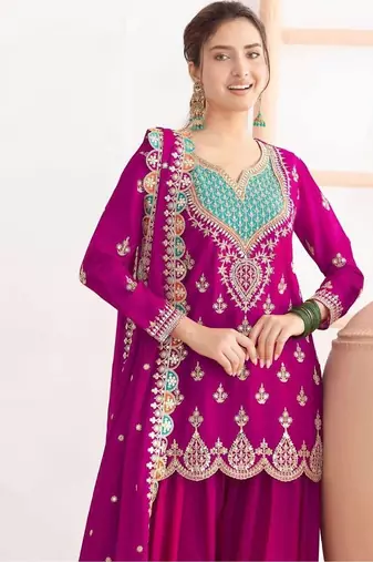 Magenta silk blend heavily detailed sharara set