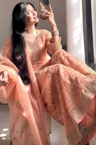 peach embroidered palazzo set