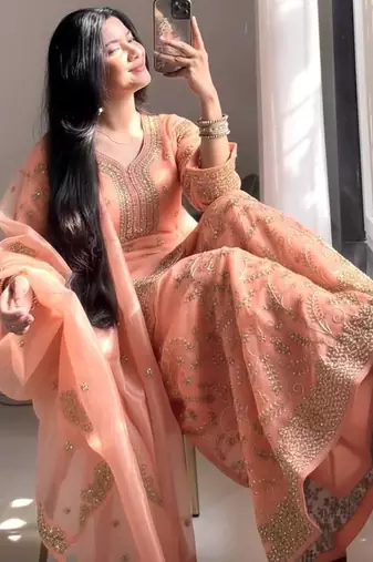 peach embroidered palazzo set