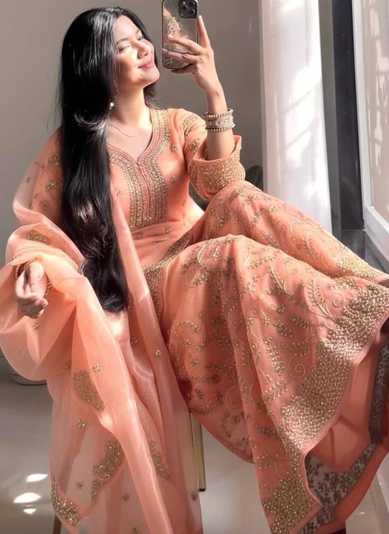 Silk peach embroidered palazzo set