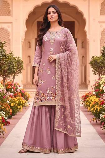 onion pink embroidered palazzo suit