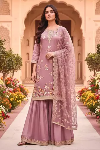 onion pink embroidered palazzo suit