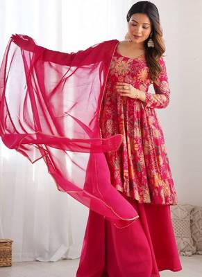 Chanderi silk pink floral ethnic suit 1