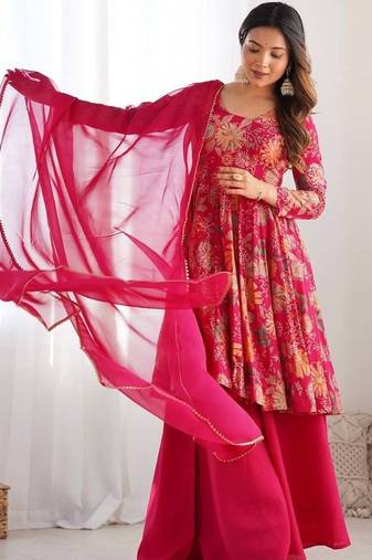 Chanderi silk pink floral ethnic suit
