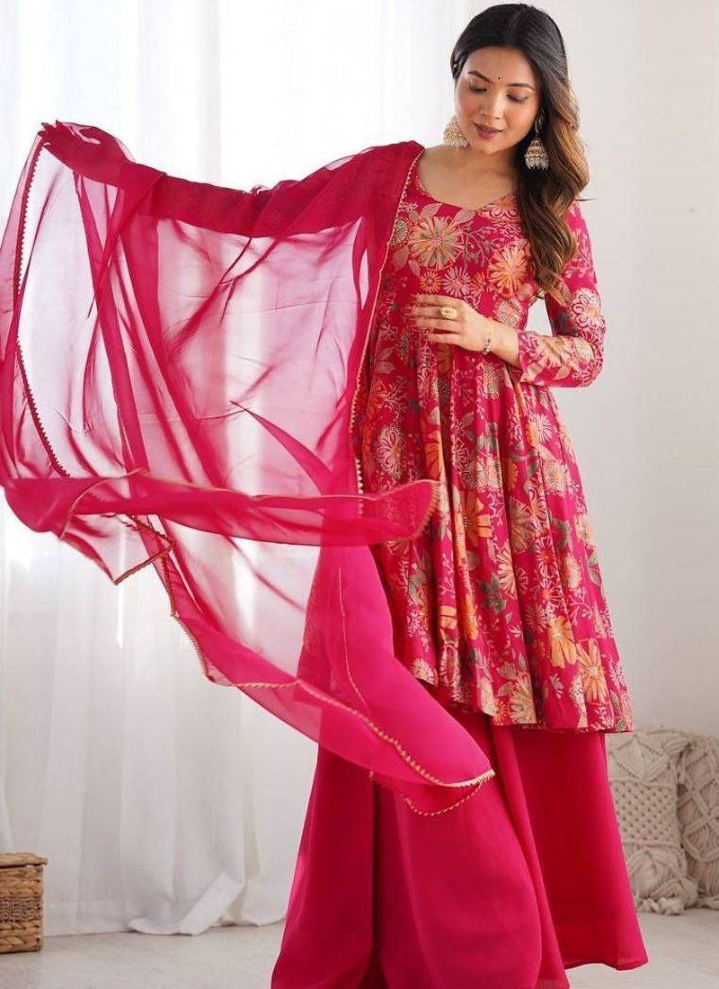 Chanderi silk pink floral ethnic suit