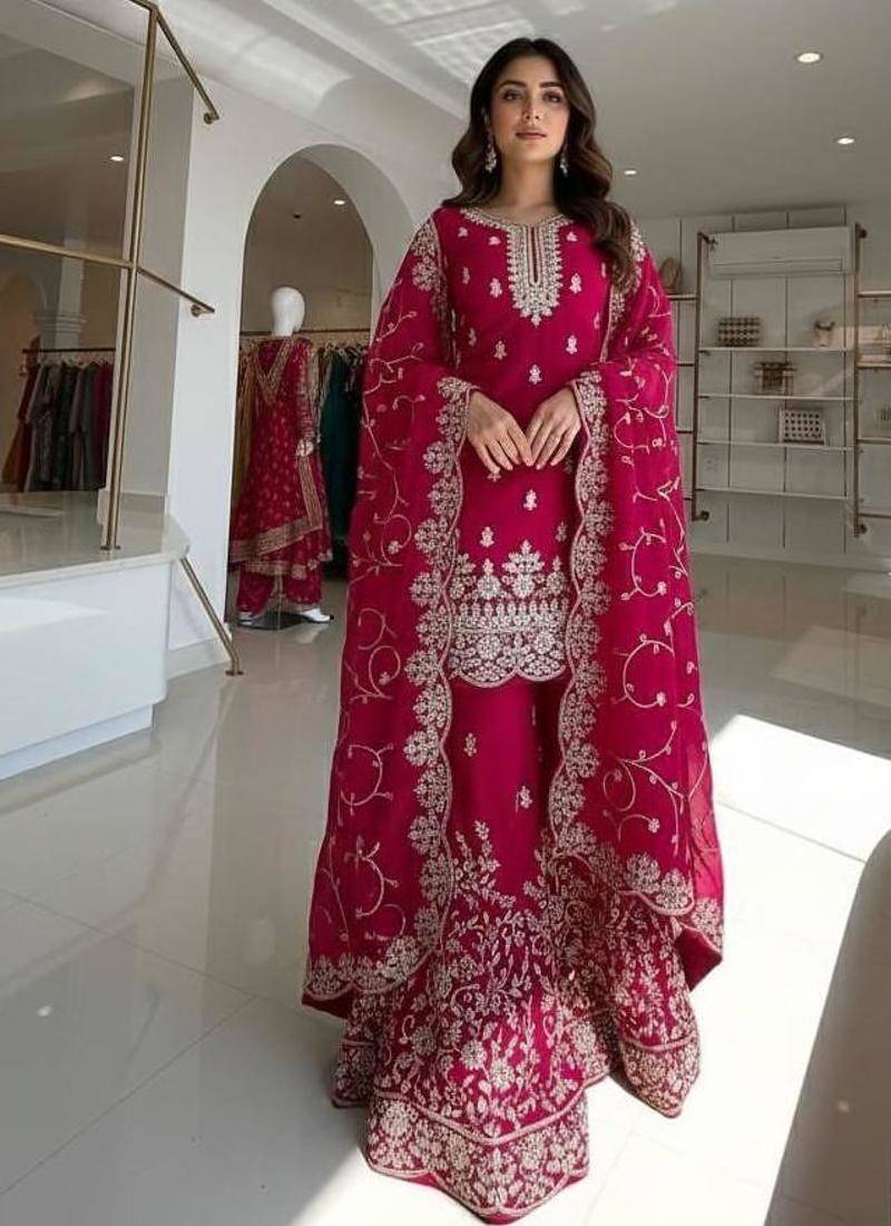 Silk blend rani pink embroidered palazzo set
