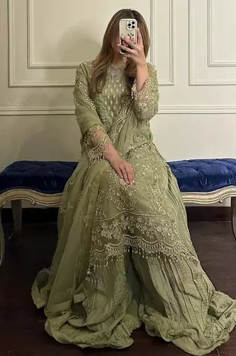 Georgette pastel green sequin palazzo ensemble