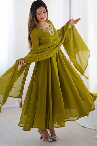 Olive green anarkali with embroidery