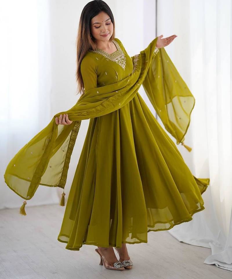 Olive green anarkali with embroidery