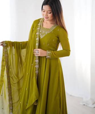 Olive green anarkali with embroidery 3