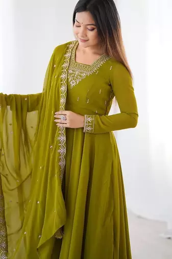 Olive green anarkali with embroidery